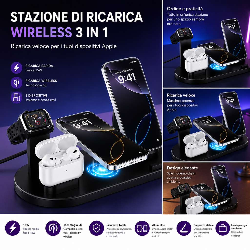 Stazione di Ricarica Wireless 3 in 1 – iPhone, Apple Watch & AirPods